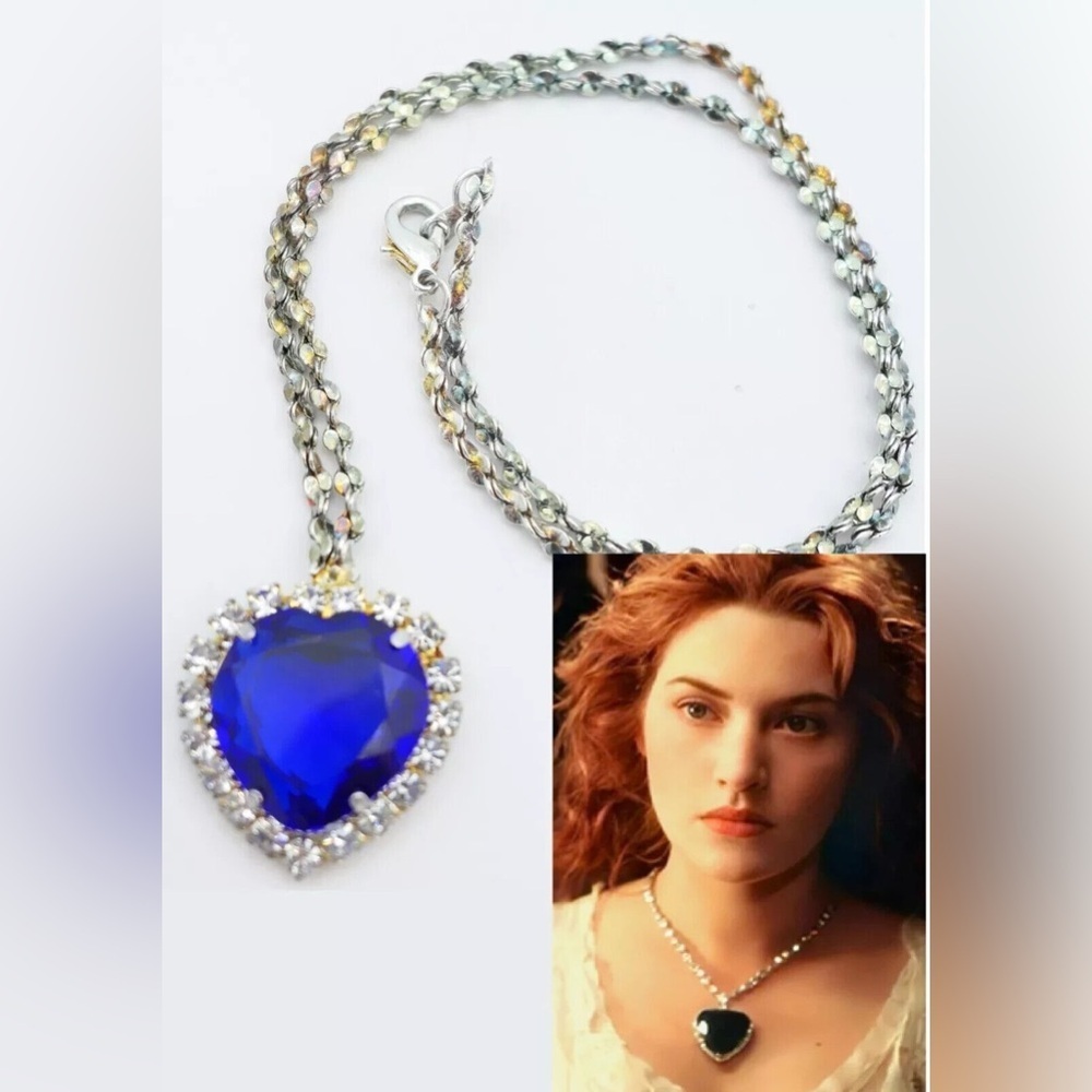1998 Lindenwold Heart of The Titanic Blue Ocean Glass Heart Necklace w Case - Picture 14 of 14